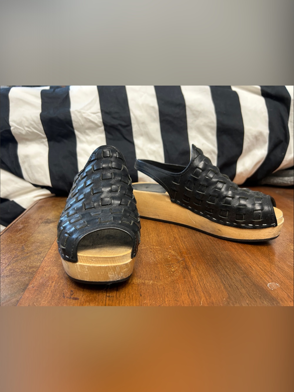Swedish Hasbeens Black Woven Leather Wedge Clogs